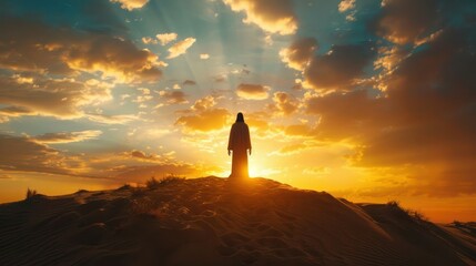 Obraz premium Silhouette Of Jesus Christ In Desert Against Stunning Sunset. Ð¡oncept Breathtaking Landscape, Spiritual Symbolism, Majestic Sunset, Religious Iconography, Serene Desert Scenery