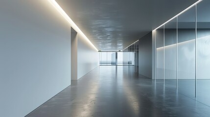 Contemporary office corridor with empty illuminated wall for 3D mockup rendering. Concept Office Corridor, Mockup Rendering, Contemporary Design, Illuminated Wall, Empty Space