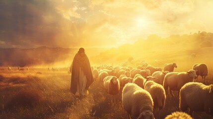 Jesus Leading a Flock in Prayer Under the Bright Sun with God in the Background. Concept Religious Art, Jesus, Flock, Prayer, Bright Sun, God Background