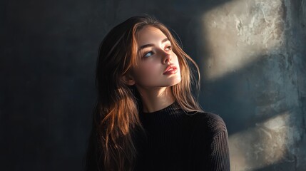 Fototapeta premium In a sleek studio environment, a photographer captures the allure of a pretty woman. Her confident poses and the photographer's expertise combine to create stunning imagery.