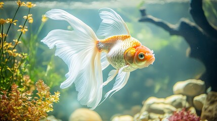 Fototapeta premium In the aquarium fish tank, the Oranda goldfish swims with an elegant motion. Its flowing fins and tail create a beautiful spectacle as it navigates through the water.