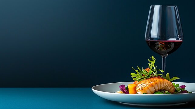 Gourmet seafood dish with elegant wine glass fine dining table high detail professional photography sharp focus clean color grading