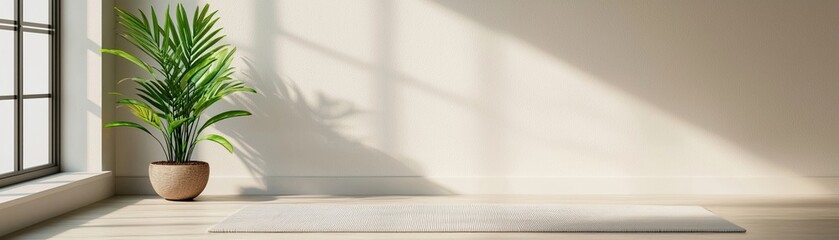 A serene wellness space with yoga mat and single plant creates calming atmosphere perfect for relaxation and mindfulness