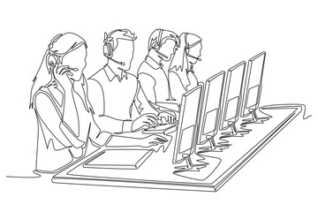 Continuous one line drawing group of call center team members answer purchase order phone call from client. Male and female customer service on job. Single line draw design vector graphic illustration