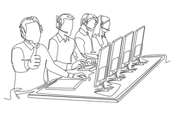 Continuous one line drawing group of male and female telemarketing team calling prospective client to offer product. Sales marketing care worker concept. Single line design vector graphic illustration