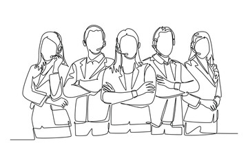 Single continuous line drawing group of male and female customer service team members pose neatly in a straight line. Call center service excellence. One line draw graphic design vector illustration