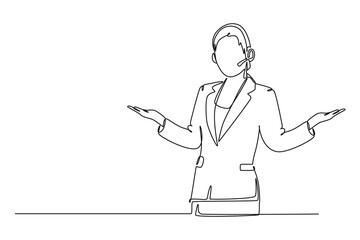 Single continuous line drawing young happy female motivator poses neatly in front of camera after presentation at the office. Public trainer concept. One line draw graphic design vector illustration