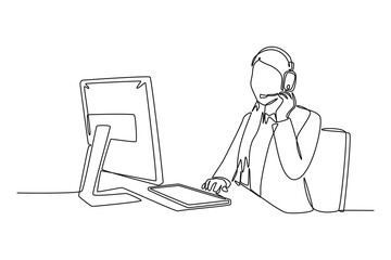 Single one line drawing young happy female call center worker answering complain from customer or client kindly. Helpdesk center care concept. Continuous line draw design graphic vector illustration