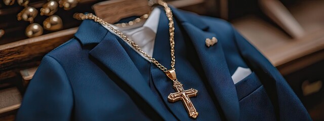 concept of baptism clothes of a boy. Selective focus