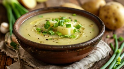 Homestyle potato leek soup in rustic bowl exuding classic comfort and flavor. Concept Potato Leek Soup, Comfort Food, Rustic Bowl, Homestyle Recipe, Classic Flavor