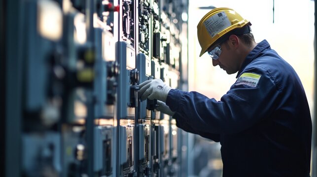 The image captures a maintenance engineer examining the relay protection system of medium voltage switchgear.