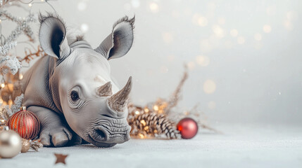 Baby rhino in a Christmas-themed setting on a white background