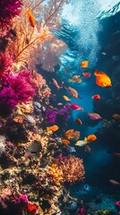 Naklejka premium Vibrant Coral Reef with Colorful Fish in the Deep Blue Sea.