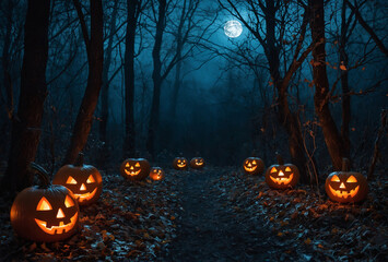 halloween pumpkin in the dark forest with trees and copy space