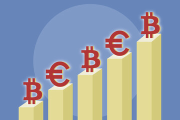 Business concept with a bitcoin sign, euro sign and growth chart	
