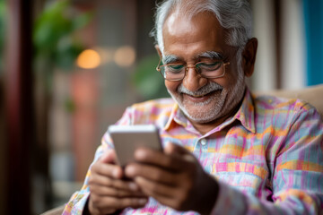 Obraz premium Elderly man smiles while using a smartphone