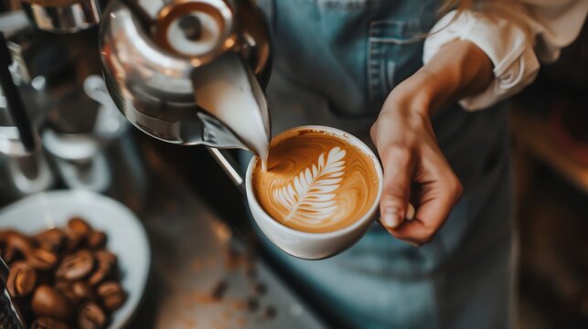 A barista pouring milk into a cup of coffee, creating latte art.