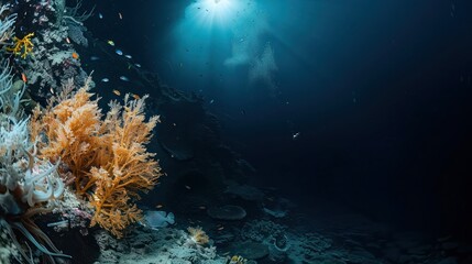 Fototapeta premium Stunning underwater coral reef in the deep sea or ocean. Concept Underwater Photography, Coral Reefs, Deep Sea Exploration, Marine Life, Ocean Ecosystems