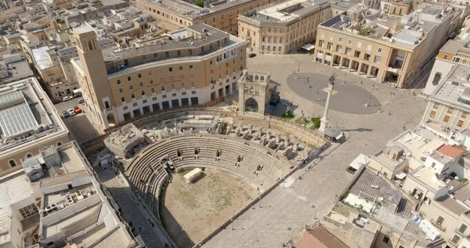 Aerial view of the Roman amphitheater and Palazzo del Seggio, better known as "Il Sedile".They are located in Sant'Oronzo square in the historic center of Lecce, Puglia, Italy.