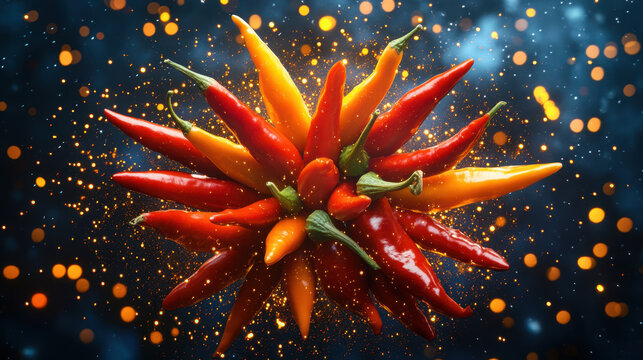 Chili peppers arranged like fireworks exploding in sky create vibrant and dynamic visual. bright colors and energetic composition evoke sense of excitement and celebration