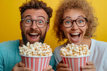 Happy couple with wide smiles holding popcorn, ready for a movie