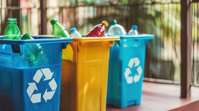 Recycling bins filled with various sorted recyclables promoting waste segregation awareness. Concept Waste Segregation, Recycling Awareness, Eco-Friendly Practices, Environment Conservation - Powered by Adobe