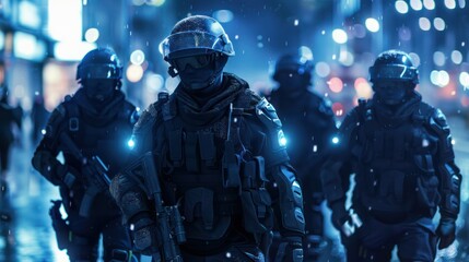 Special ops police officers in urban riot with futuristic tactical gear. Concept Police Operations, Riot Gear, Urban Environment, Law Enforcement Tactics, Futuristic Technology .