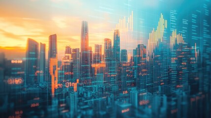 Obraz premium A creative digital rendering of a city skyline built from financial charts and graphs, symbolizing business growth.