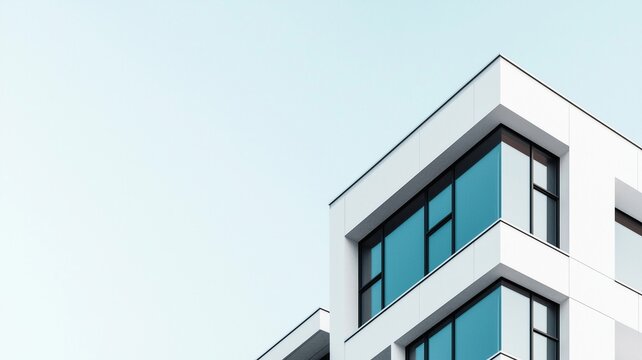 Modern building low angle shot sharp lines clean design architectural detail contemporary architecture glass windows urban structure minimalist style blue sky residential building geometric shapes ext