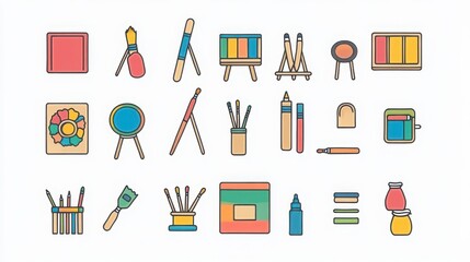 Art Class thin line icon set. Containing paintbrush, palette, canvas, crayons, drawing pencils, sketchbook, paint tubes, easel, color wheel, clay sculpture, art supplies