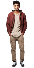 Naklejka premium Full body portrait of young Indian or Arabian man isolated on transparent background. Smiling confidently student wear сasual street style look. Design element for banner, adv, social media posts