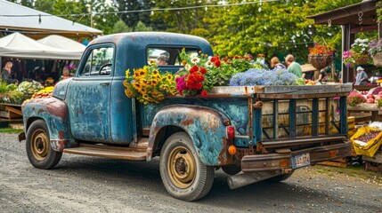 Picture a pickup truck at a bustling farmer's market, its bed filled with fresh produce and flowers.