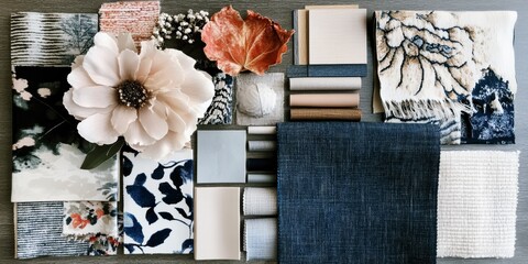 stylish interior design mood board with fabric samples, floral accents, and color swatches, inspiration for home decor