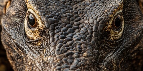 Macro shot of a Komodo dragon's face with a focus on its rough, textured scales and piercing eyes