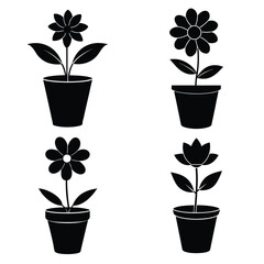 Set of Flower in pot silhouette style vector in white background