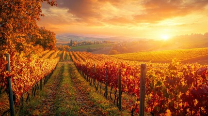 Naklejka premium Picturesque vineyards in autumn under a golden sun, the vines lined with red and yellow leaves, showcasing a stunning fall transformation.
