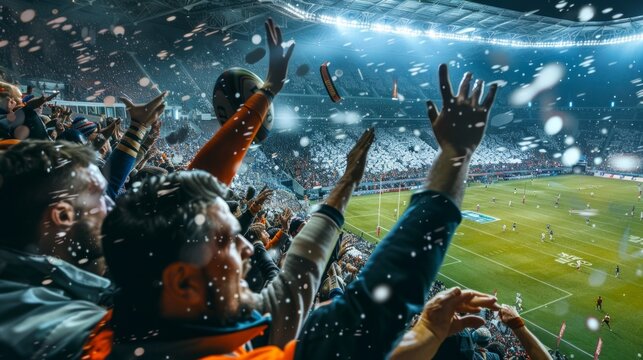 Picture a rugby stadium where a thrilling match is underway. The players tackle and pass the ball with precision, while fans cheer loudly from the stands.  - Powered by Adobe
