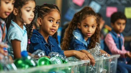 Picture a school classroom with students learning about the importance of recycling.