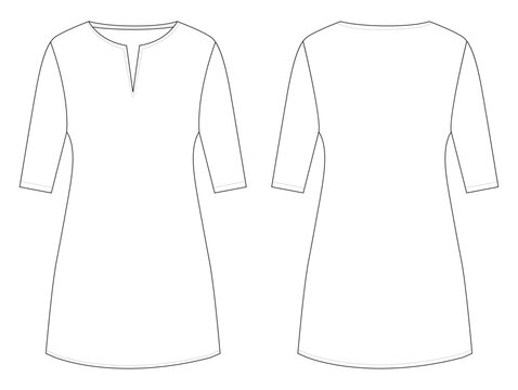 Women kurta Dress tunic technical fashion 
illustration with elbow sleeves, Flat apparel front, back, 