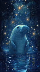 Manatee Illustration with Stars in the Background
