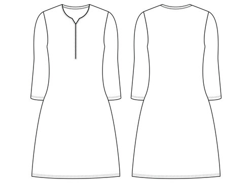 Women kurta Dress tunic technical fashion 
illustration with elbow sleeves, Flat apparel front, back, 