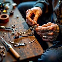 Crafting Elegance. An artisan meticulously assembles a bejeweled necklace, showcasing the art of jewelry making..