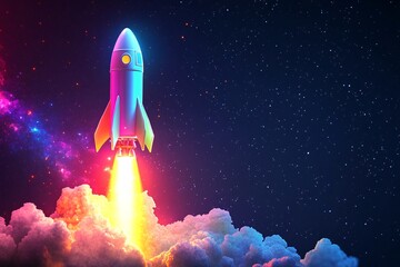 Fototapeta premium A colorful rocket launching into the night sky, illustrating the excitement of space exploration and technological advancement