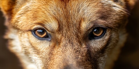 Macro shot of a dingo's head with intense focus on its sharp eyes and detailed fur texture