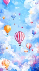 Obraz premium Watercolor Hot Air Balloons Soaring Through the Clouds.