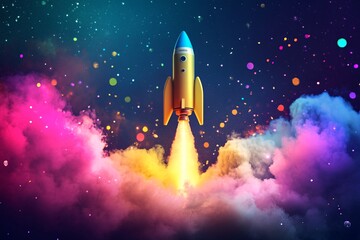 A colorful rocket launching into the night sky, illustrating the excitement of space exploration and technological advancement