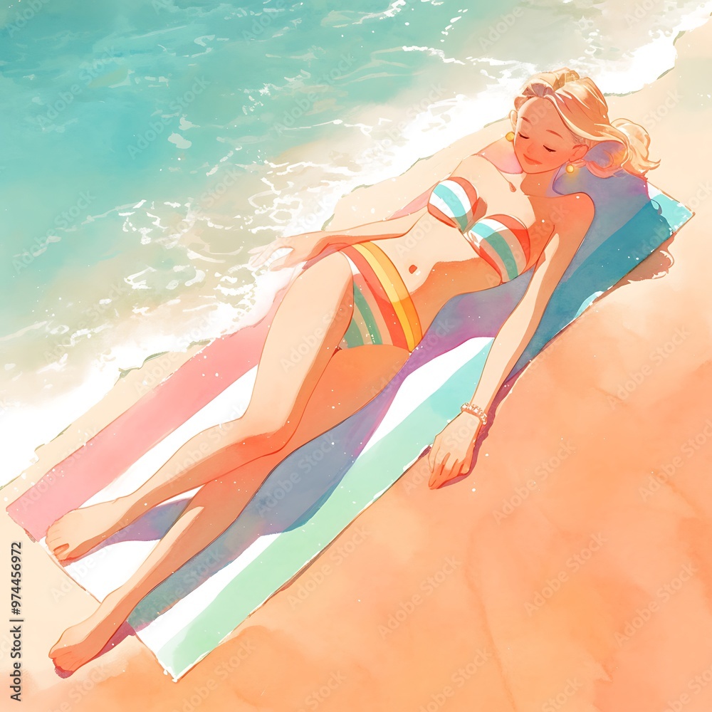 Canvas Prints Woman Relaxing on a Beach Towel with the Ocean in the Background.