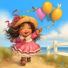 Fototapeta premium Happy Little Girl With Balloons Walking on Beach Path.