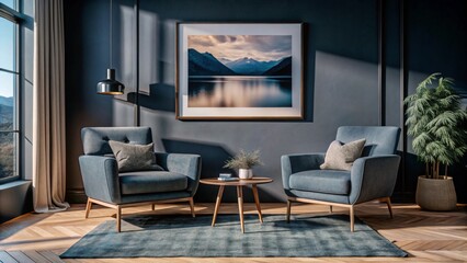 Two armchairs in room with white wall and big frame poster on it. Scandinavian style interior design of modern living room. 
