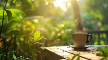 coffee time in the morning in garden with soft and smoot sunlight, ,generative ai